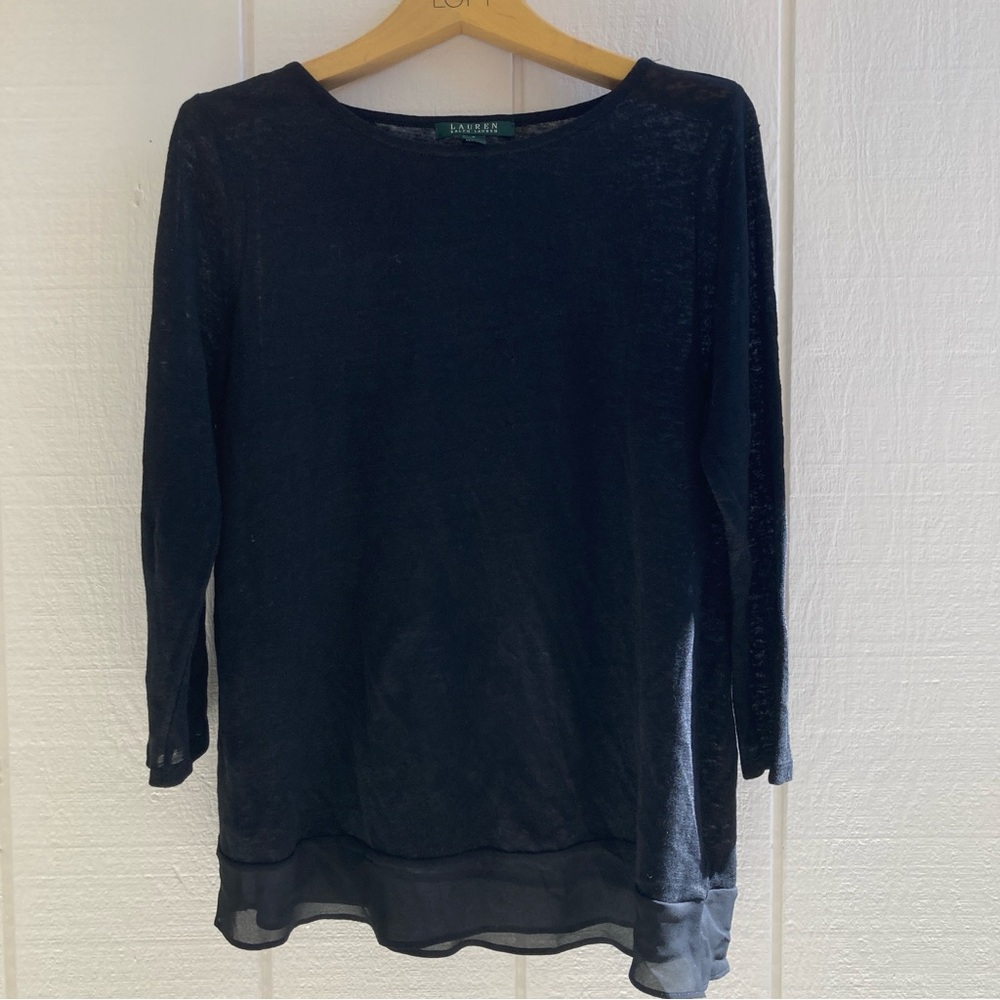 Ralph Lauren Women's Small Black Linen Relaxed 3/4 Sleeve Blouse 100% Linen